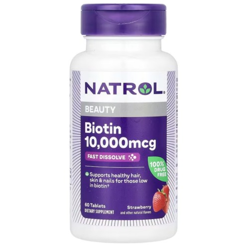 Natrol, быстрорастворимый биотин, максимальная эффективность, клубника, 10 000 мкг, 60 таблеток СРОК ГОДНОСТИ 09/25